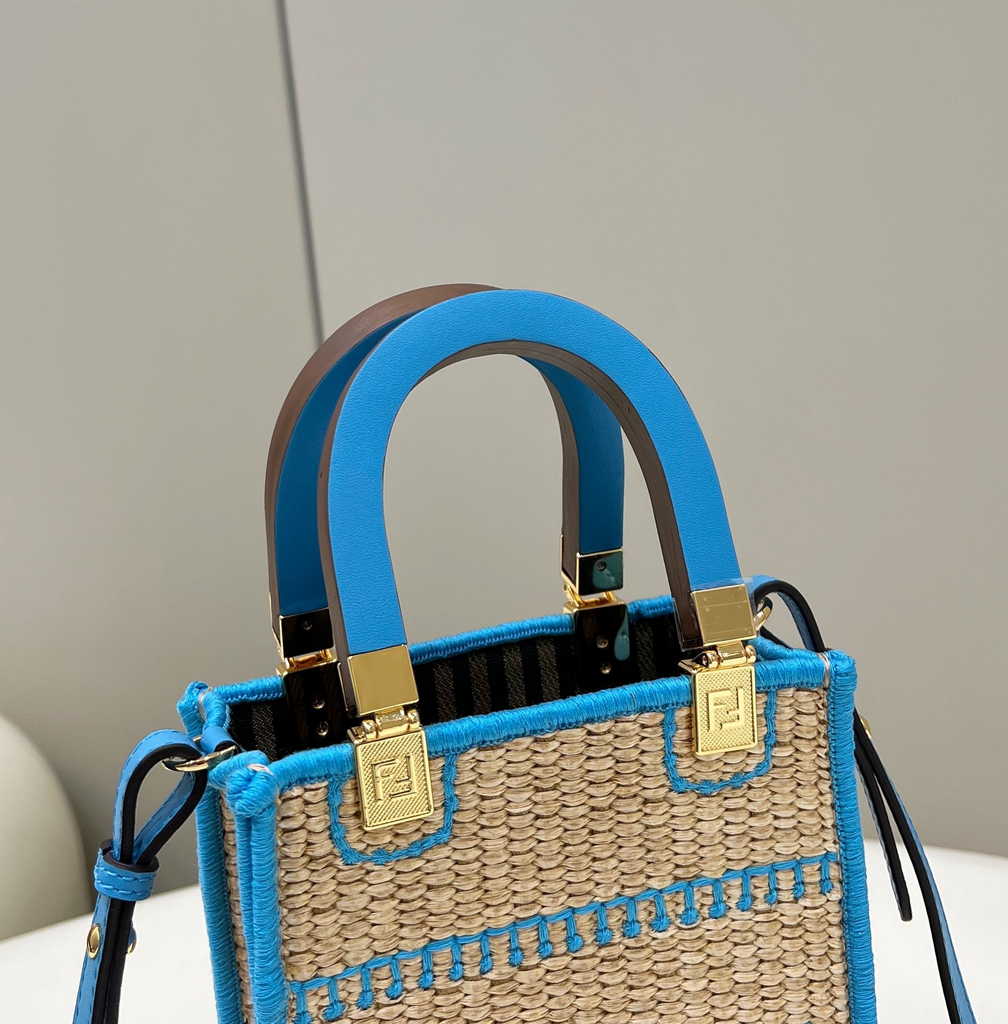 Fendi Mini Sunshine Shopper Blue Natural straw mini-bag 8BS051 - Default Title - View 3