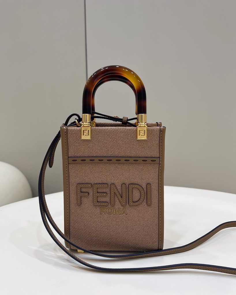 Fendi Mini Sunshine Shopper Brown Natural straw mini-bag 8BS051 - Default Title - View 1