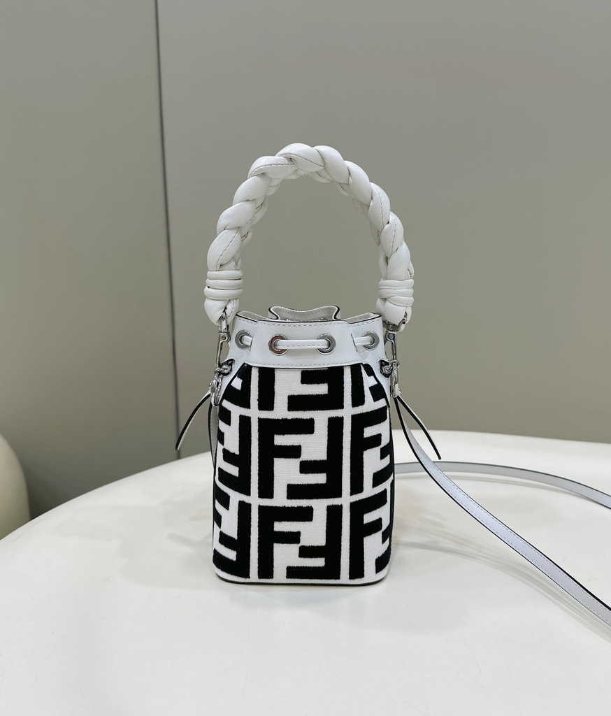 Fendi Bucket Bag Mon Tresor 8BS010 Black and white canvas mini-bag with FF embroidery - Default Title - View 2