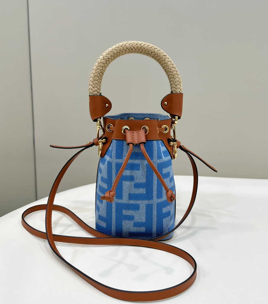 Fendi Bucket Bag Mon Tresor 8BS010 Light blue denim mini-bag with FF embroidery - Default Title - View 1
