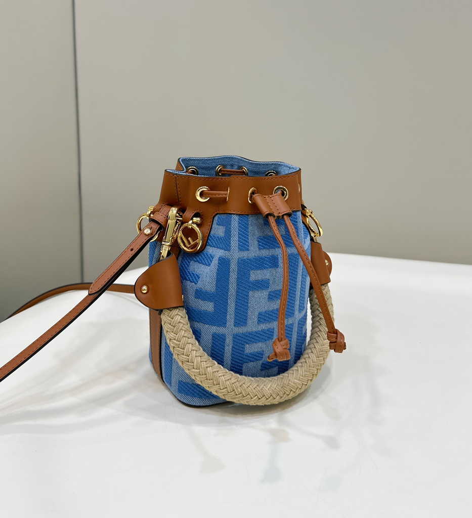 Fendi Bucket Bag Mon Tresor 8BS010 Light blue denim mini-bag with FF embroidery - Default Title - View 3
