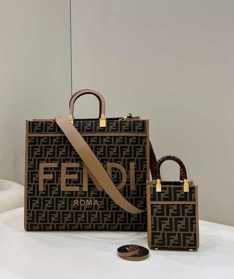 Fendi Sunshine Large Bag 8BH372 Brown FF jacquard fabric shopper - Default Title - View 1