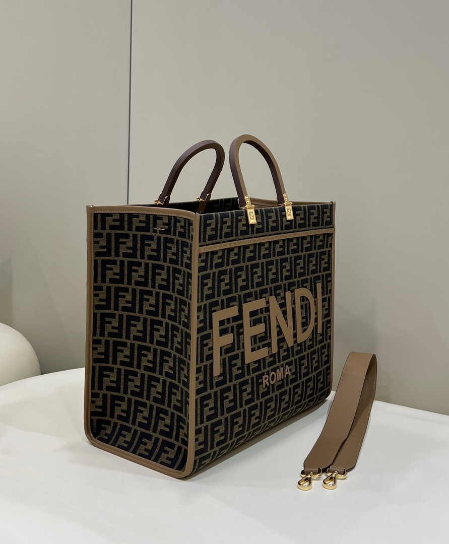 Fendi Sunshine Large Bag 8BH372 Brown FF jacquard fabric shopper - Default Title - View 3