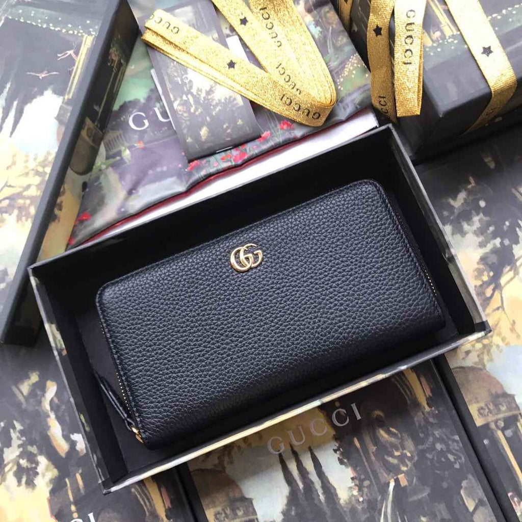 Gucci ‎‎456117 GG Marmont zip around wallet black leather gold