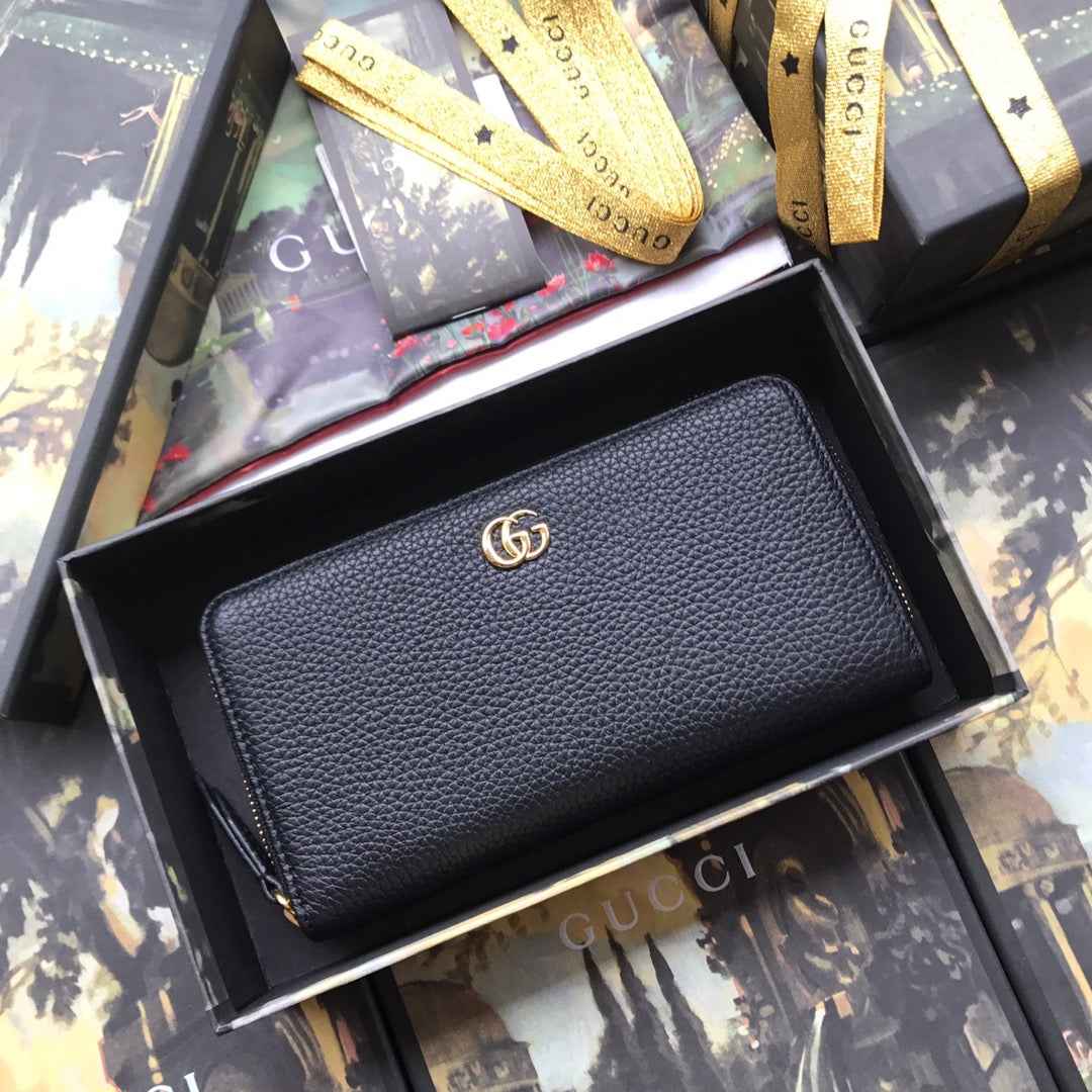 Gucci ‎‎456117 GG Marmont zip around wallet black leather gold