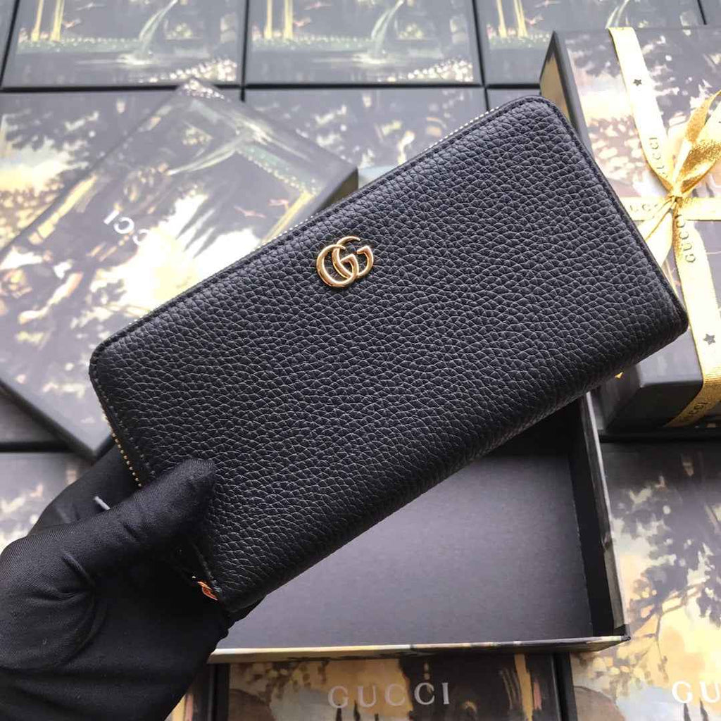Gucci ‎‎456117 GG Marmont zip around wallet black leather gold