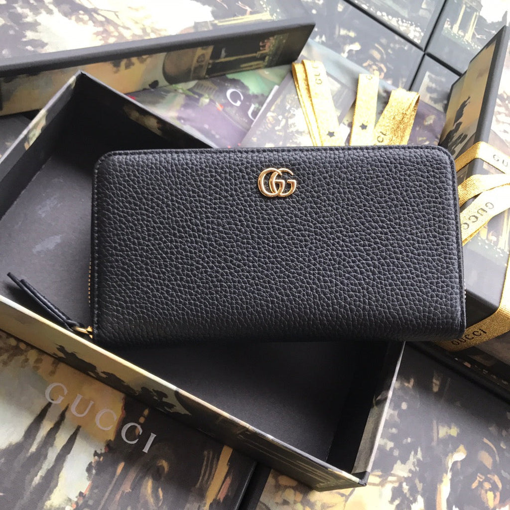 Gucci ‎‎456117 GG Marmont zip around wallet black leather gold