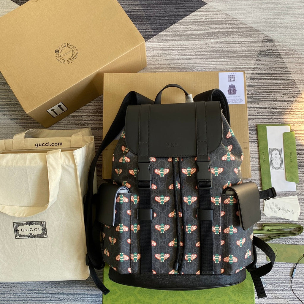 Gucci  ‎495563 Bestiary backpack with bees Black GG Supreme canvas