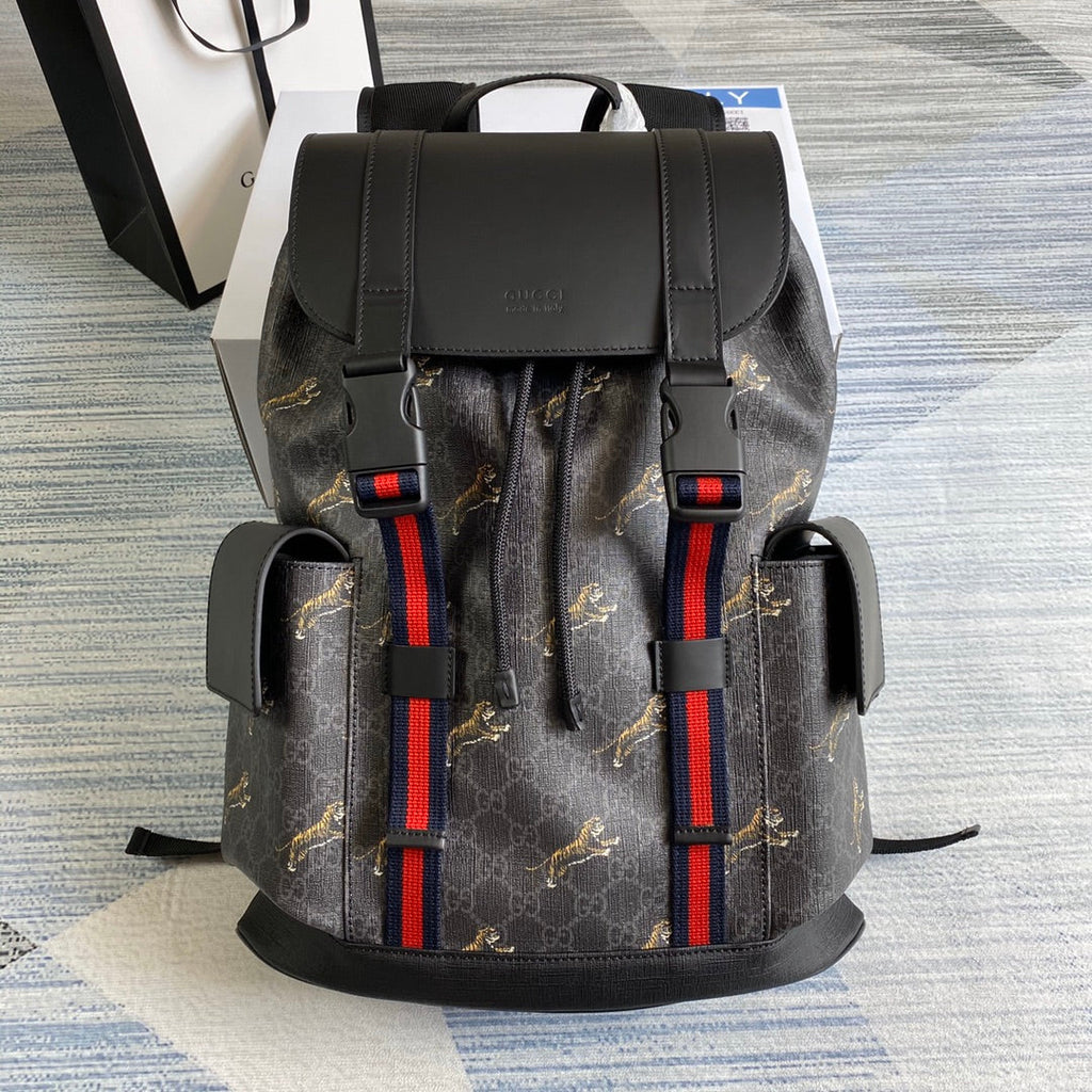 Gucci  ‎495563 Bestiary backpack with Tiger Black GG Supreme canvas