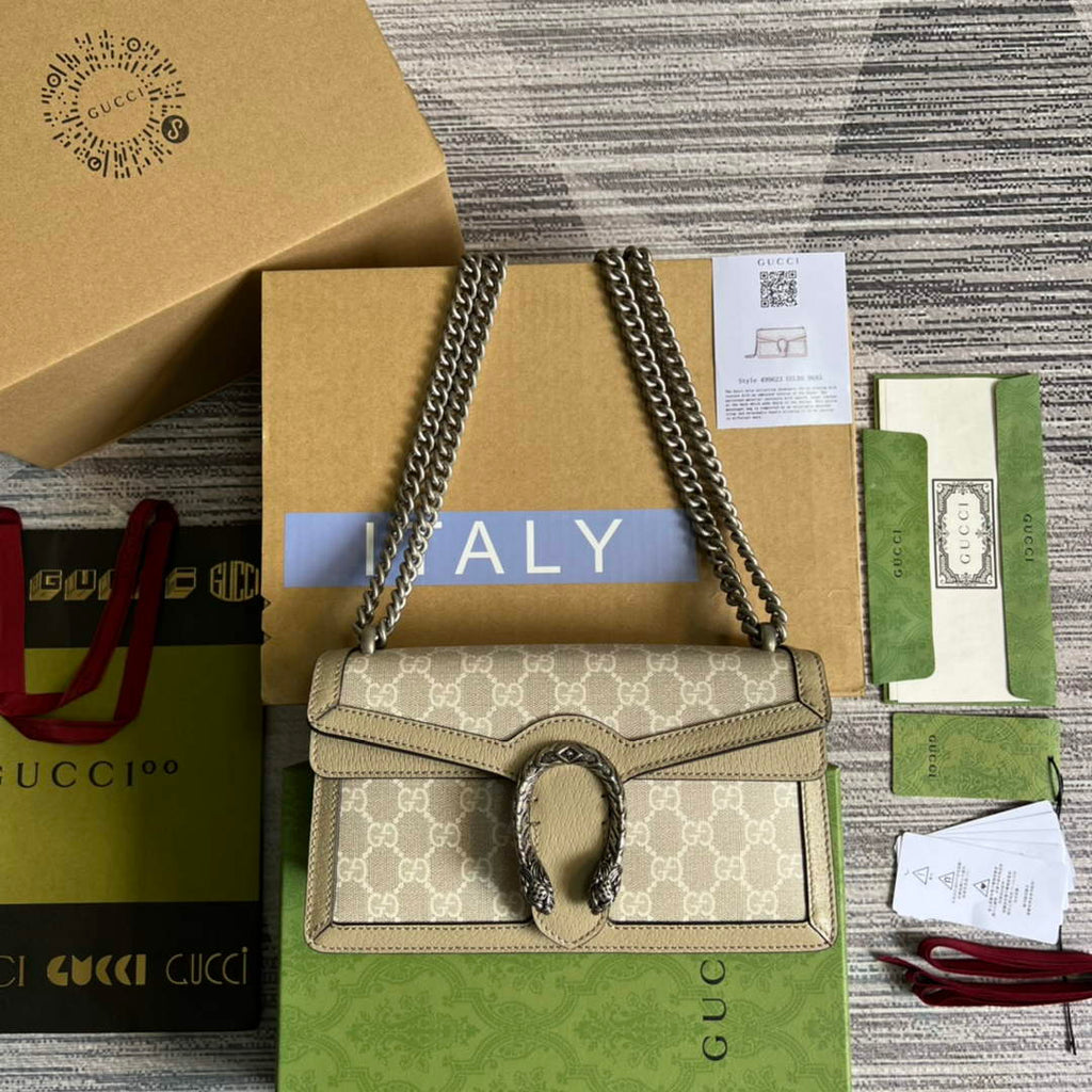 Gucci 499623 Dionysus GG small shoulder bag Beige and white GG Supreme