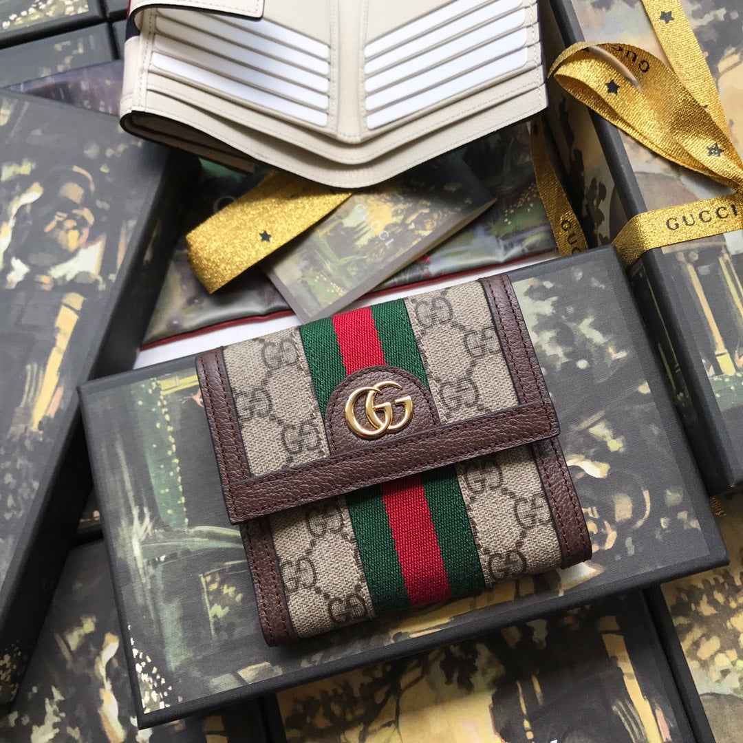 ‎Gucci 523173 Ophidia GG french flap wallet brown leather
