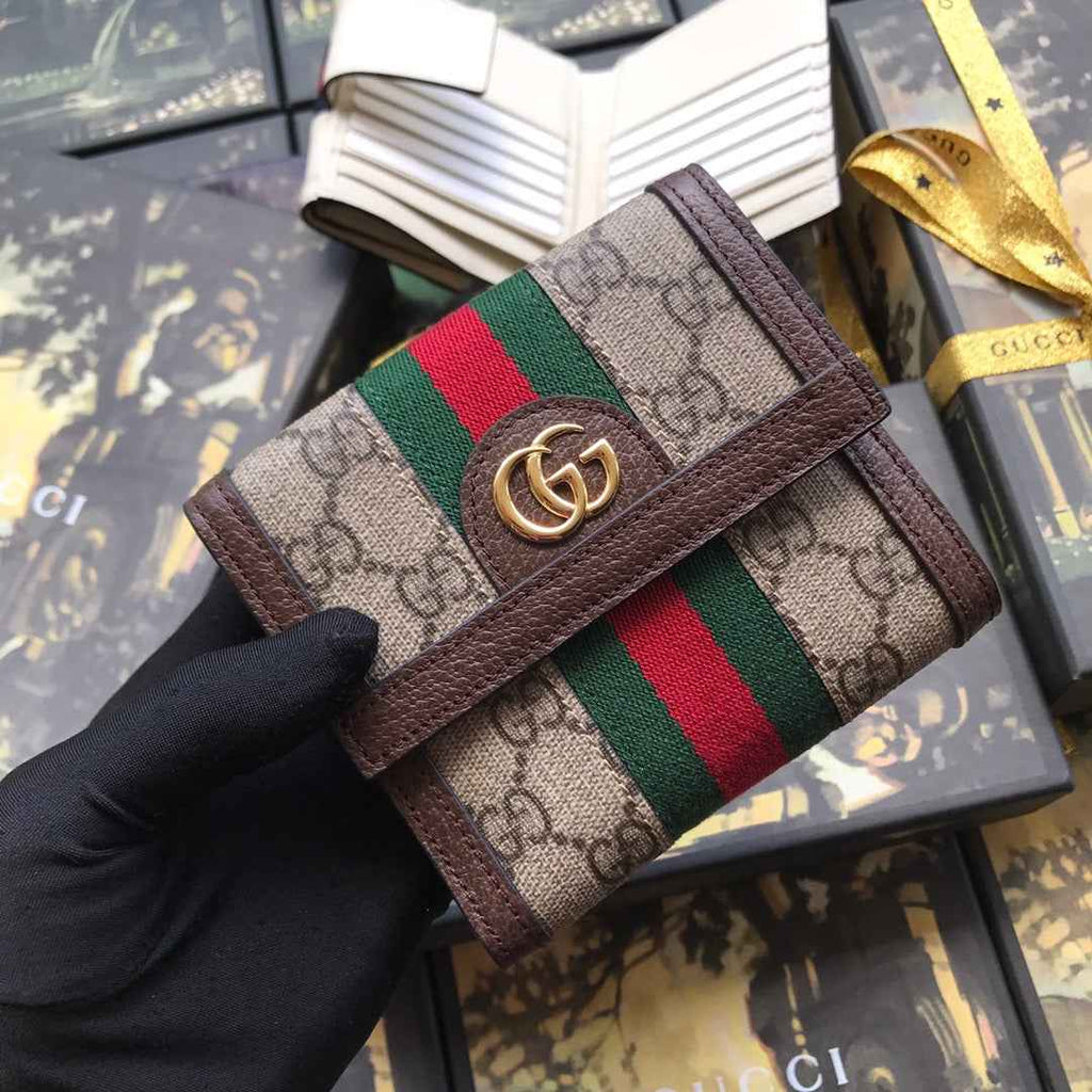 ‎Gucci 523173 Ophidia GG french flap wallet brown leather