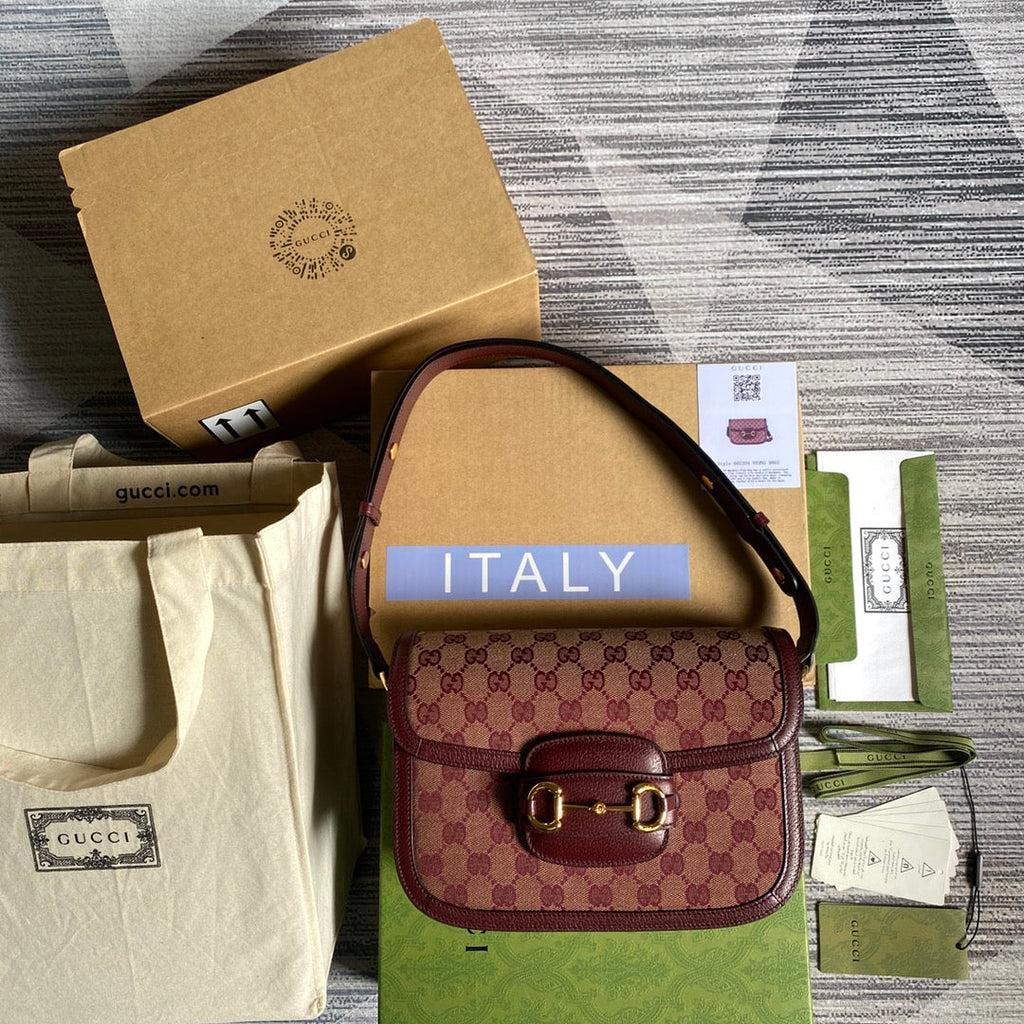 Gucci 602204 Horsebit 1955 shoulder bag Beige and burgundy Original GG canvas