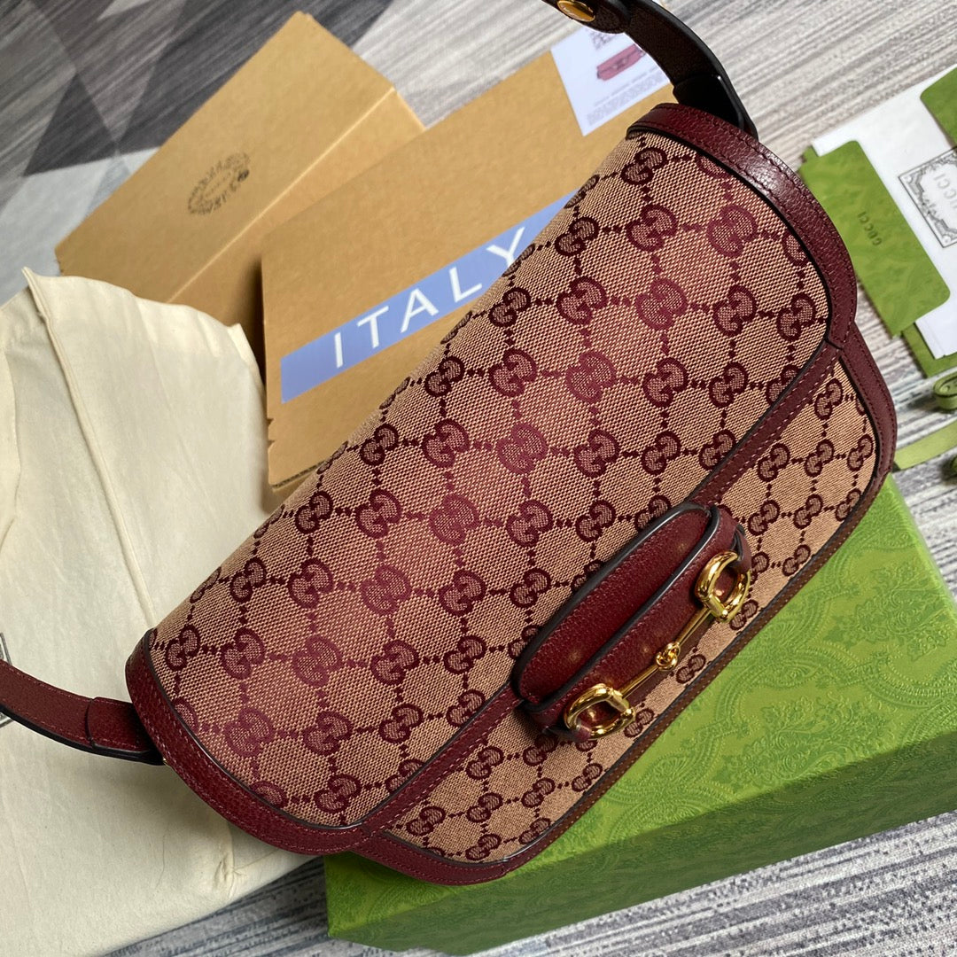 Gucci 602204 Horsebit 1955 shoulder bag Beige and burgundy Original GG canvas