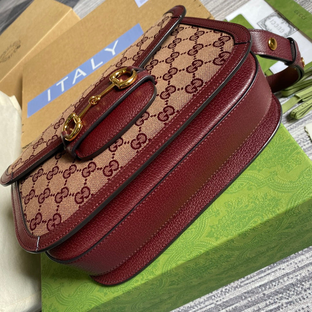 Gucci 602204 Horsebit 1955 shoulder bag Beige and burgundy Original GG canvas