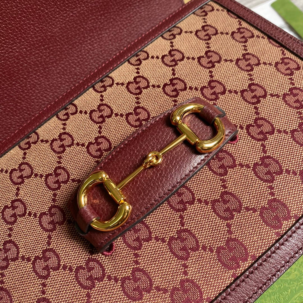 Gucci 602204 Horsebit 1955 shoulder bag Beige and burgundy Original GG canvas