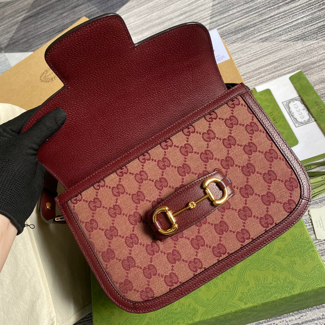Gucci 602204 Horsebit 1955 shoulder bag Beige and burgundy Original GG canvas