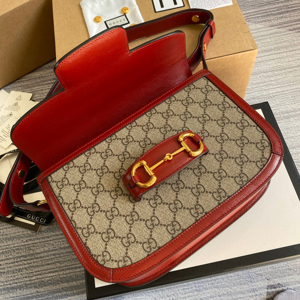 Gucci 602204 Horsebit 1955 shoulder bag Beige with red leather