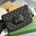 Gucci 602204 Horsebit 1955 shoulder bag Black and ivory GG denim jacquard