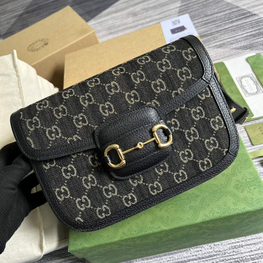 Gucci 602204 Horsebit 1955 shoulder bag Black and ivory GG denim jacquard