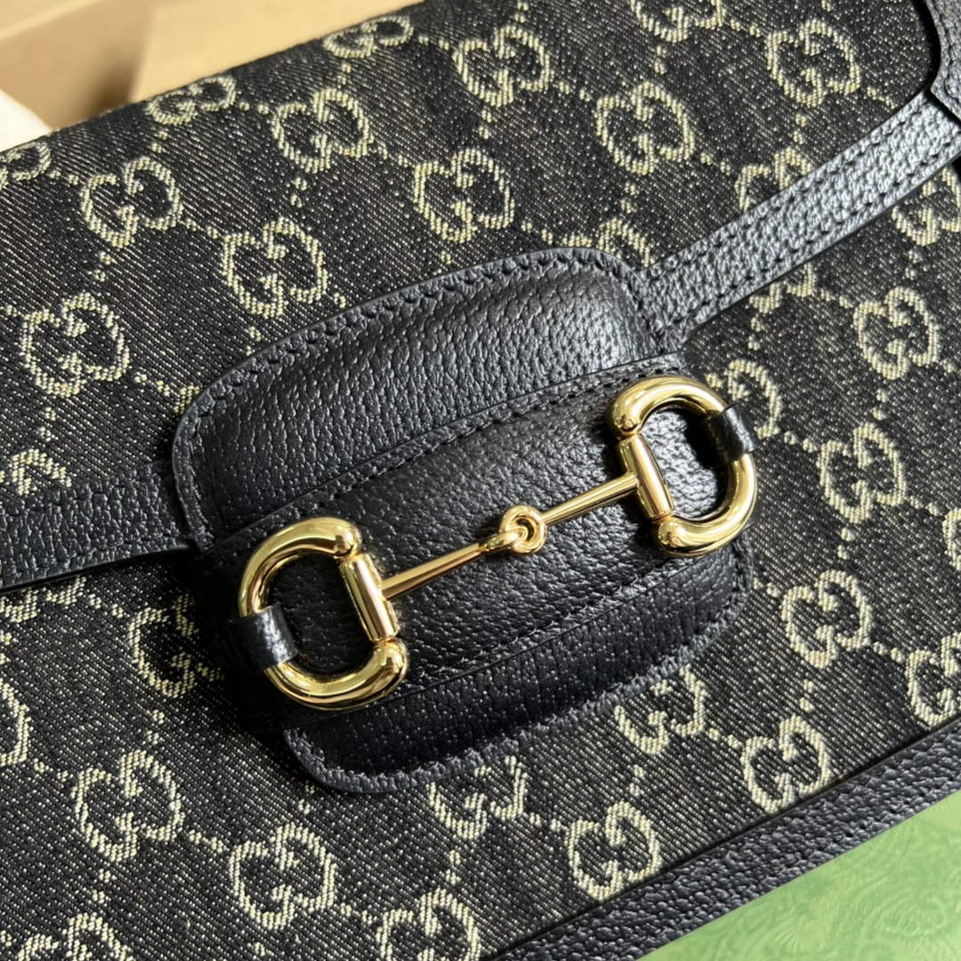 Gucci 602204 Horsebit 1955 shoulder bag Black and ivory GG denim jacquard