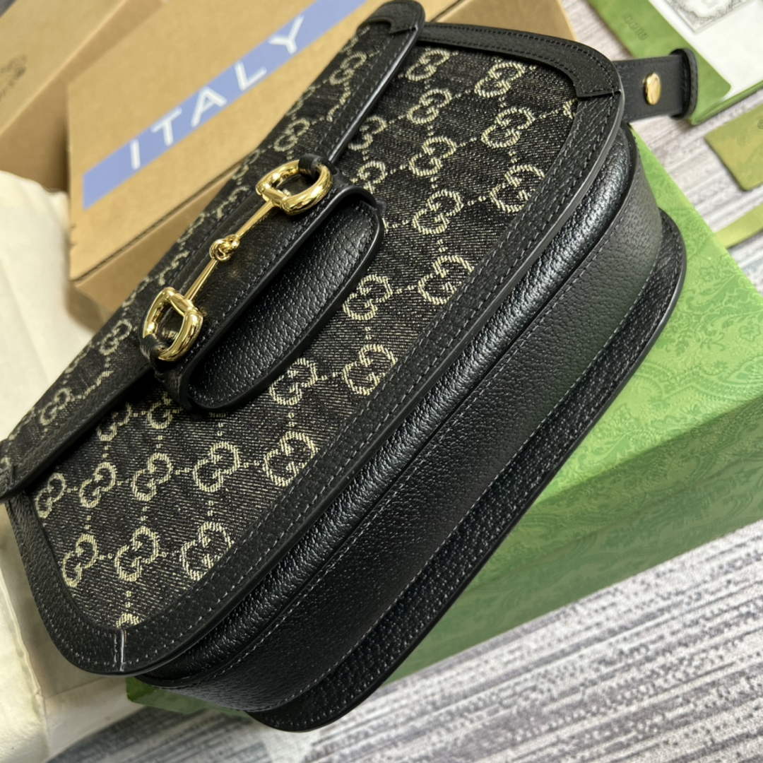 Gucci 602204 Horsebit 1955 shoulder bag Black and ivory GG denim jacquard