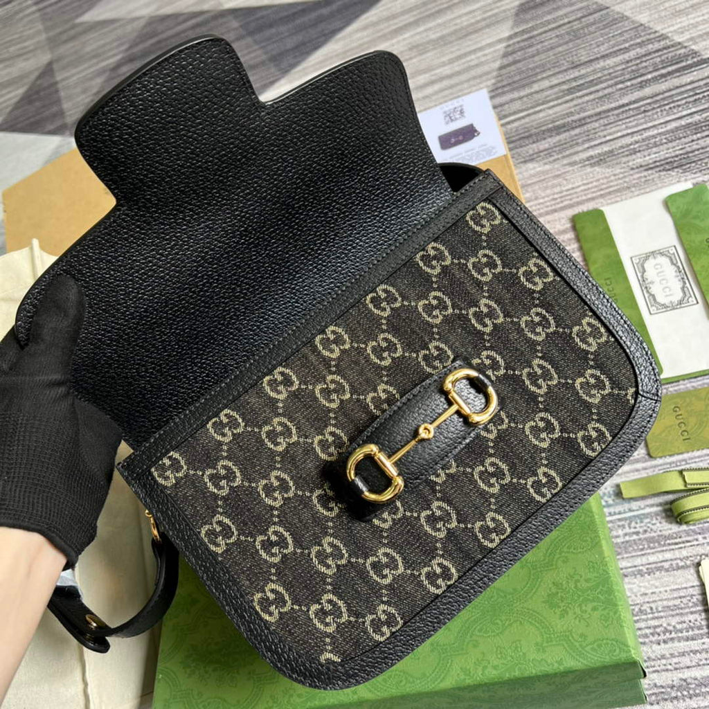 Gucci 602204 Horsebit 1955 shoulder bag Black and ivory GG denim jacquard