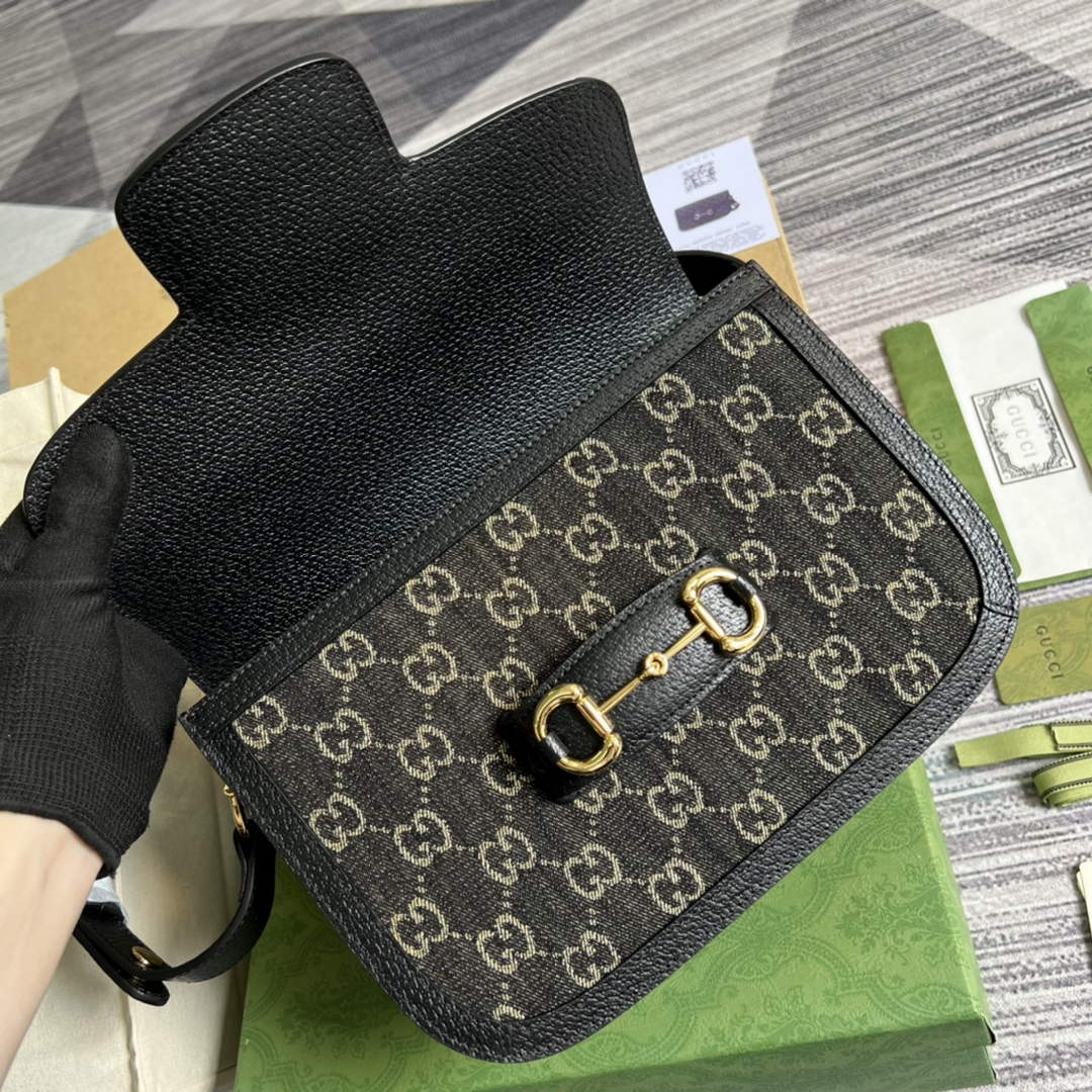Gucci 602204 Horsebit 1955 shoulder bag Black and ivory GG denim jacquard