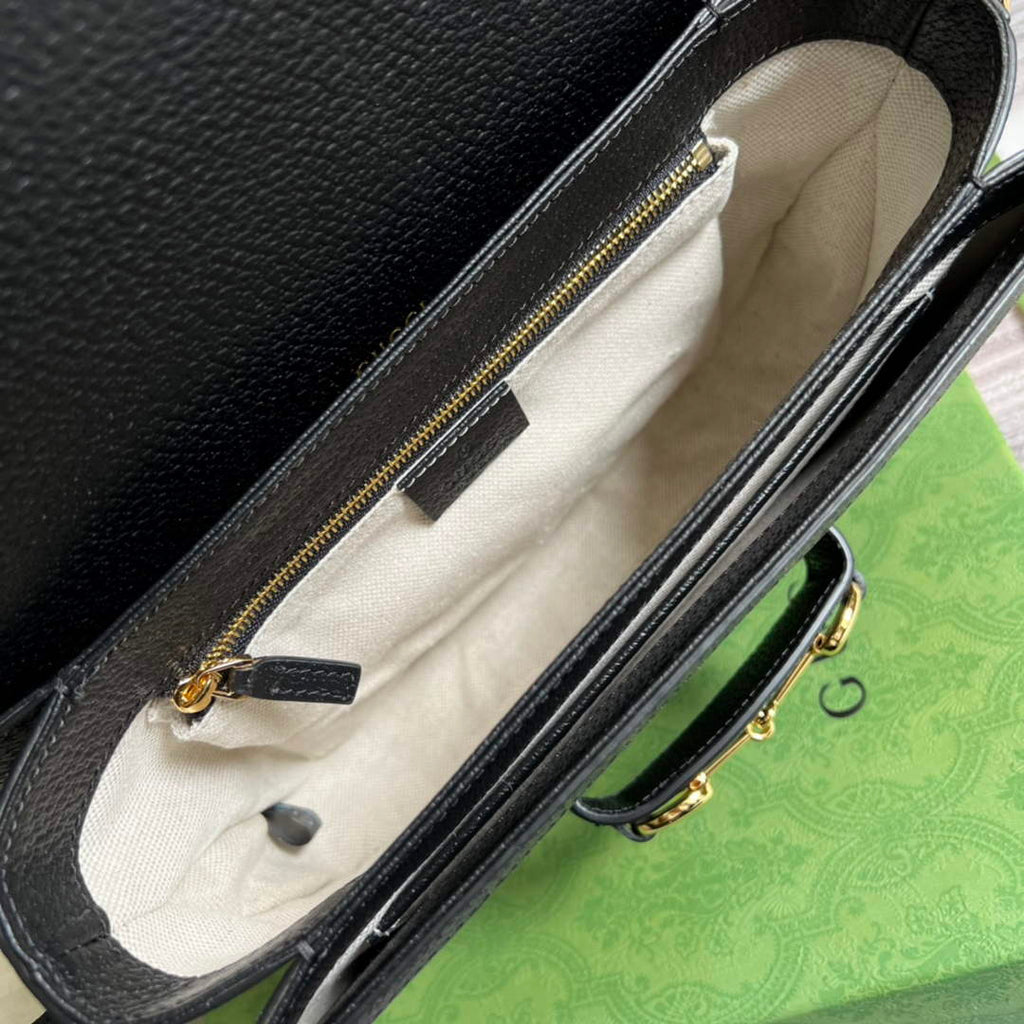 Gucci 602204 Horsebit 1955 shoulder bag Black and ivory GG denim jacquard