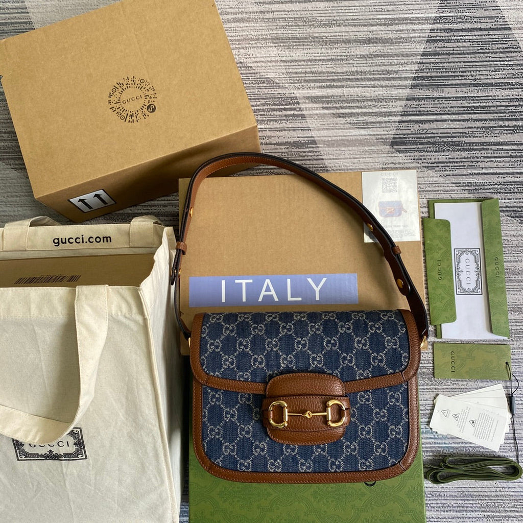 Gucci 602204 Horsebit 1955 shoulder bag blue with brown leather
