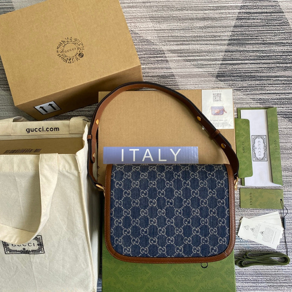 Gucci 602204 Horsebit 1955 shoulder bag blue with brown leather