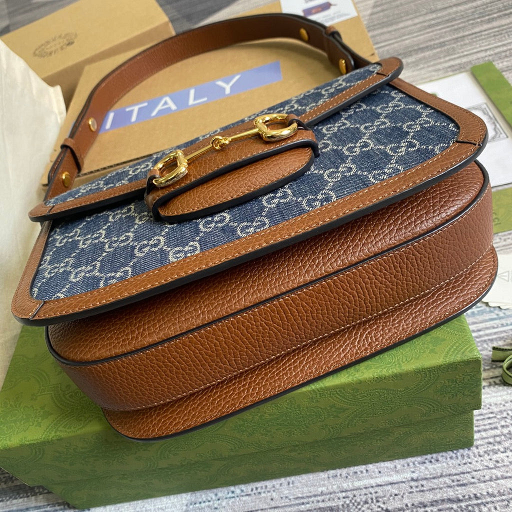 Gucci 602204 Horsebit 1955 shoulder bag blue with brown leather