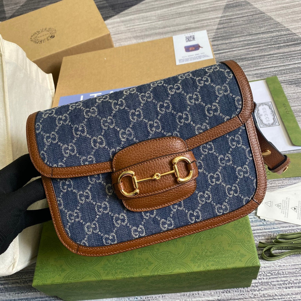 Gucci 602204 Horsebit 1955 shoulder bag blue with brown leather