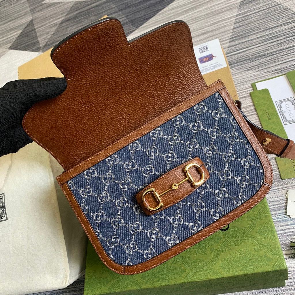 Gucci 602204 Horsebit 1955 shoulder bag blue with brown leather