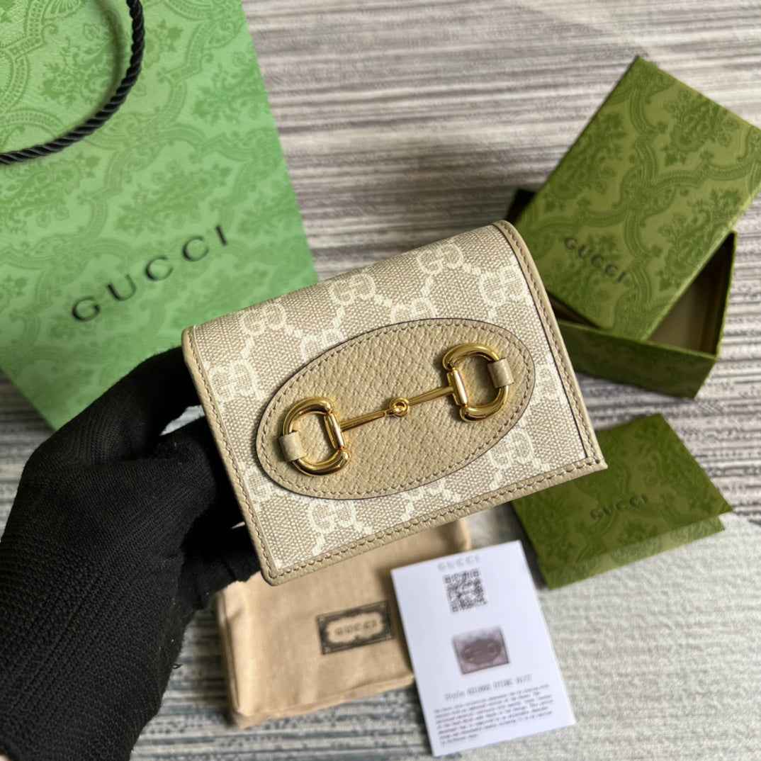 Gucci 621887 Horsebit 1955 card case wallet Beige canvas