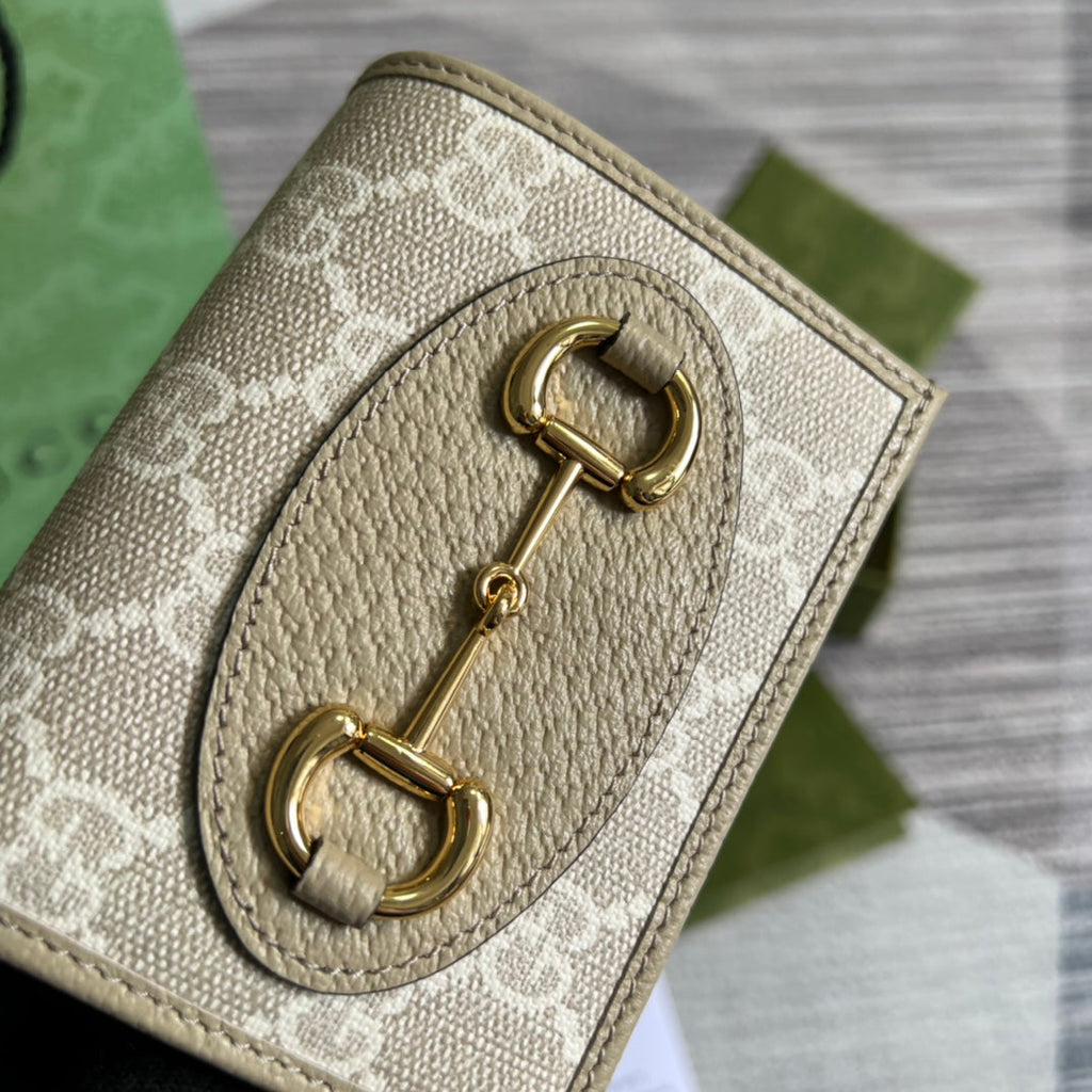 Gucci 621887 Horsebit 1955 card case wallet Beige canvas