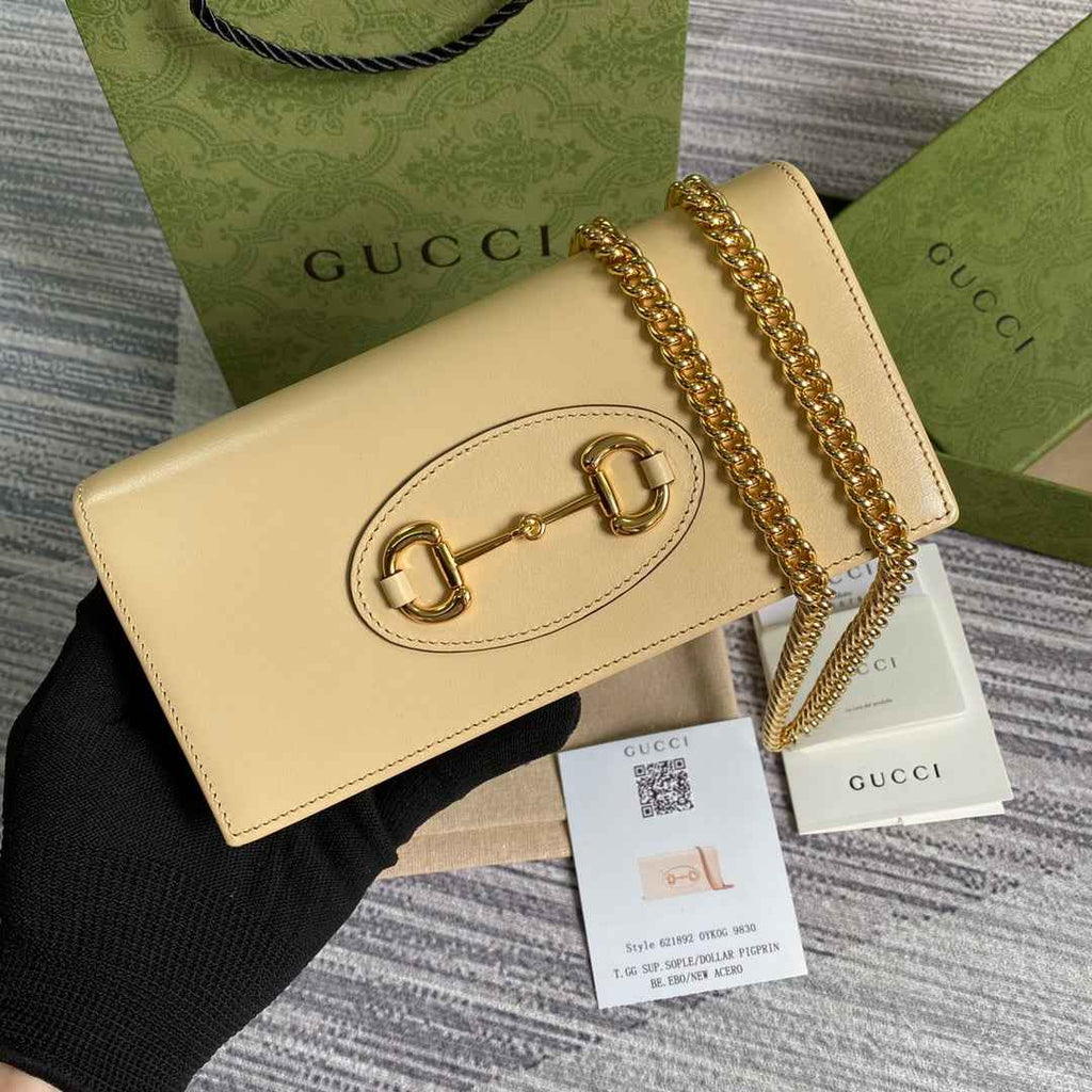 Gucci ‎621892 Horsebit 1955 wallet with chain Beige leather