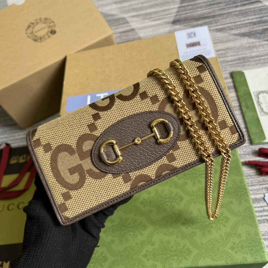 Gucci ‎621892 Horsebit 1955 wallet with chain brown gg