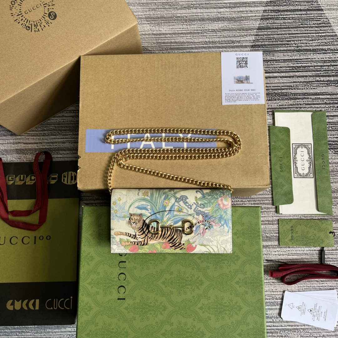 Gucci ‎621892 Horsebit 1955 wallet with chain tiger beige leather
