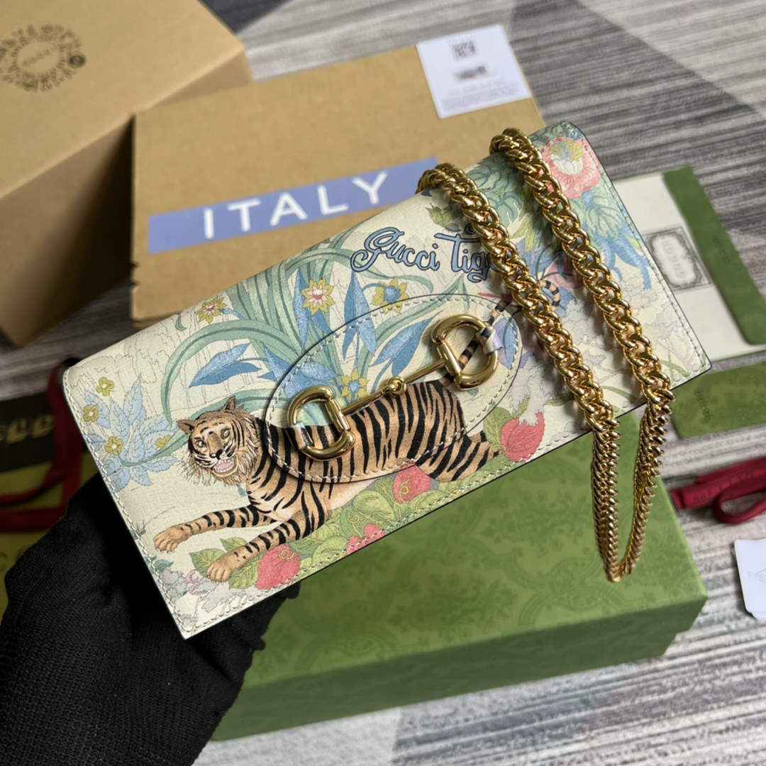 Gucci ‎621892 Horsebit 1955 wallet with chain tiger beige leather
