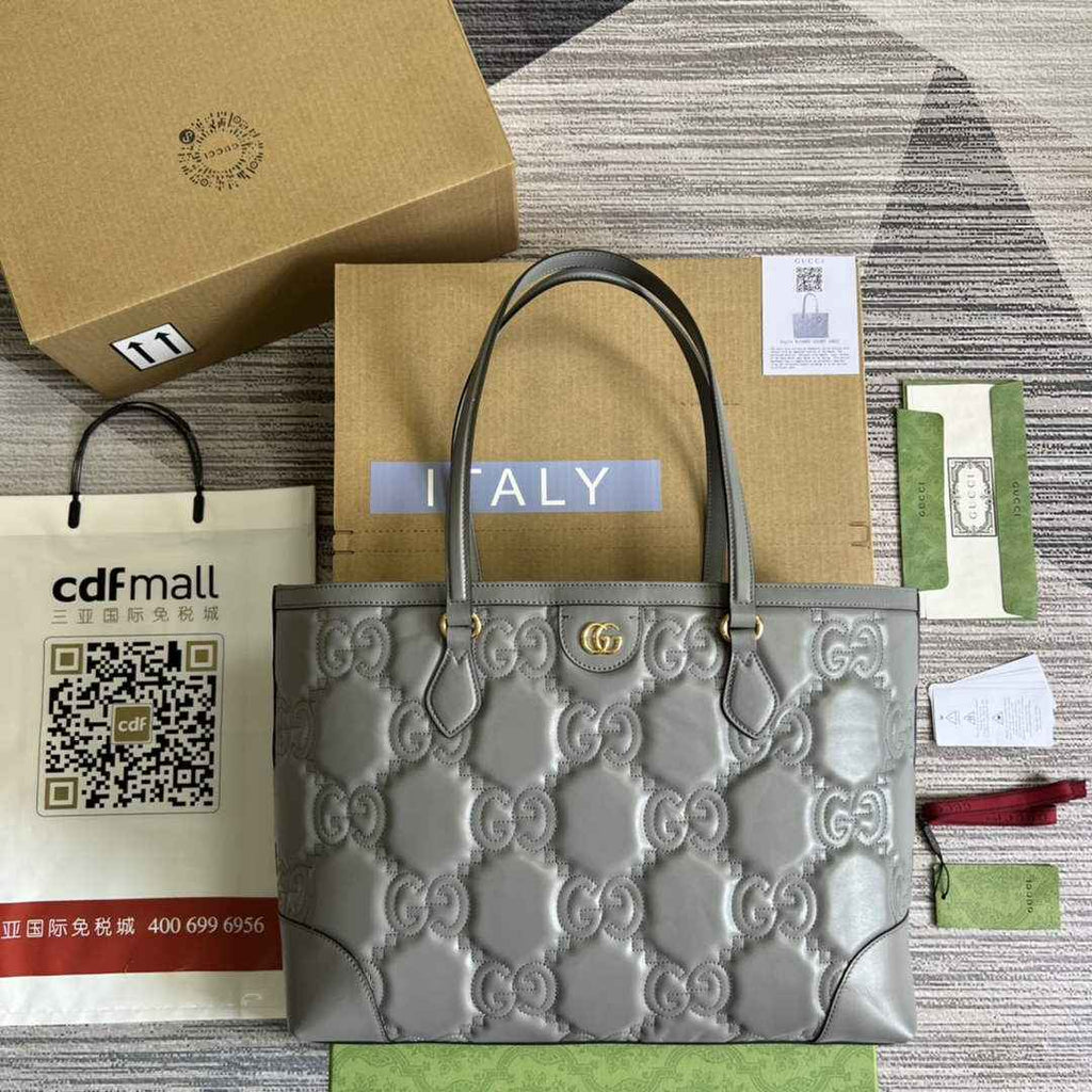 Gucci ‎631685 GG Matelassé leather medium tote gray leather