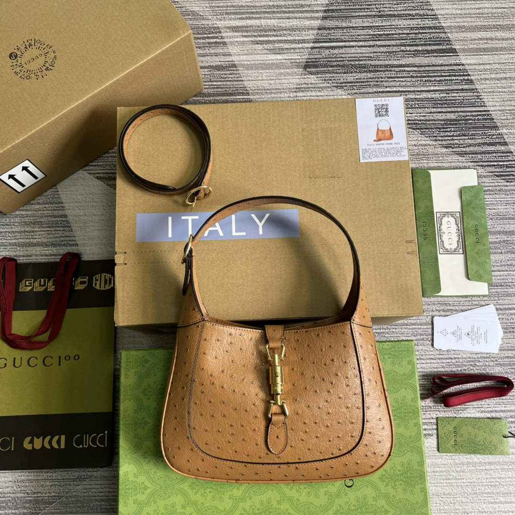 Gucci ‎636709 Jackie 1961 small shoulder bag ostrich brown leather
