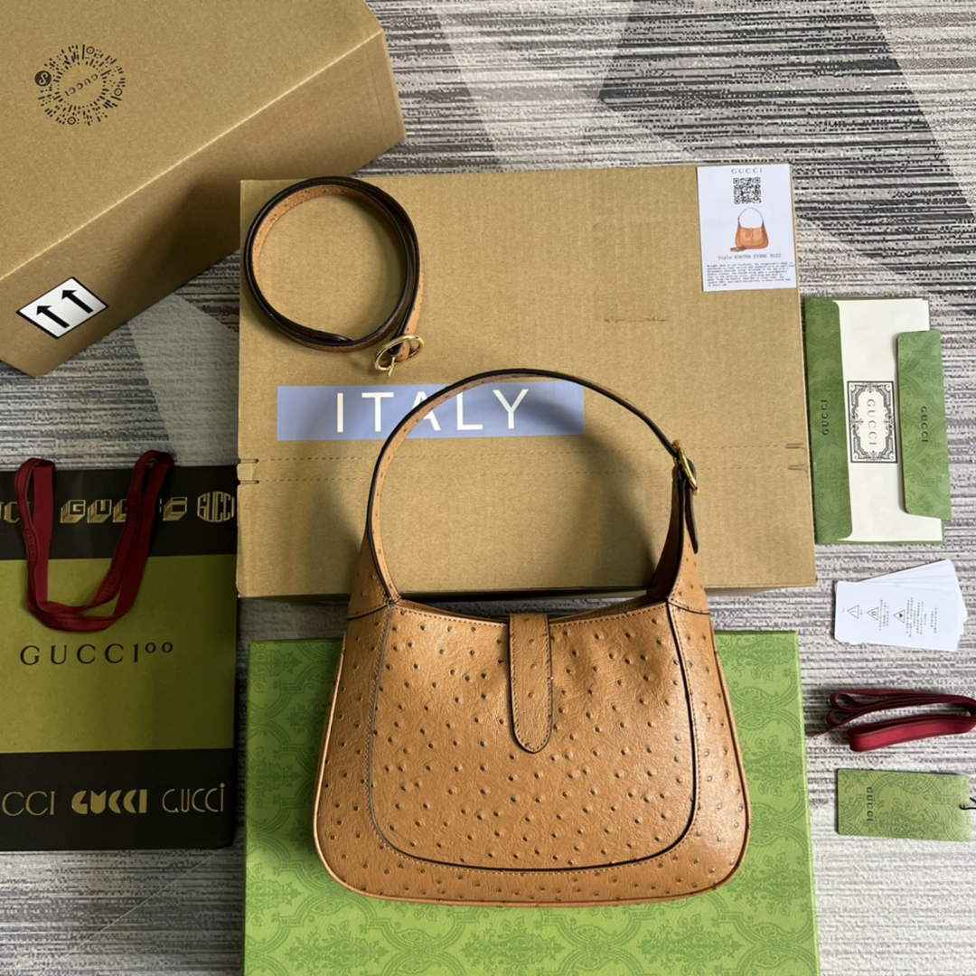 Gucci ‎636709 Jackie 1961 small shoulder bag ostrich brown leather