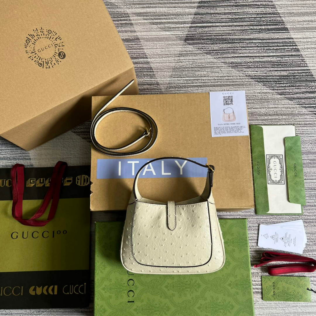 Gucci 637091 Jackie 1961 mini shoulder bag ostrich leather beige