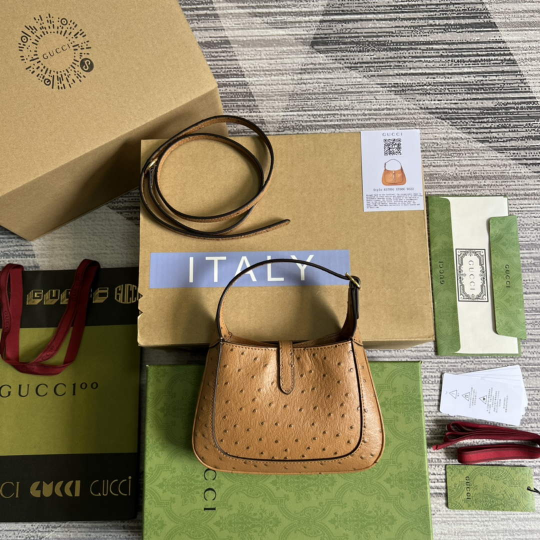 Gucci 637091 Jackie 1961 mini shoulder bag ostrich leather Light coffee