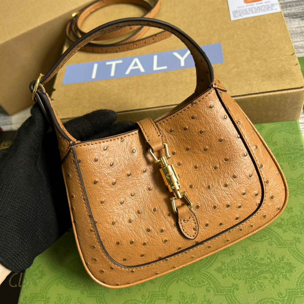Gucci 637091 Jackie 1961 mini shoulder bag ostrich leather Light coffee