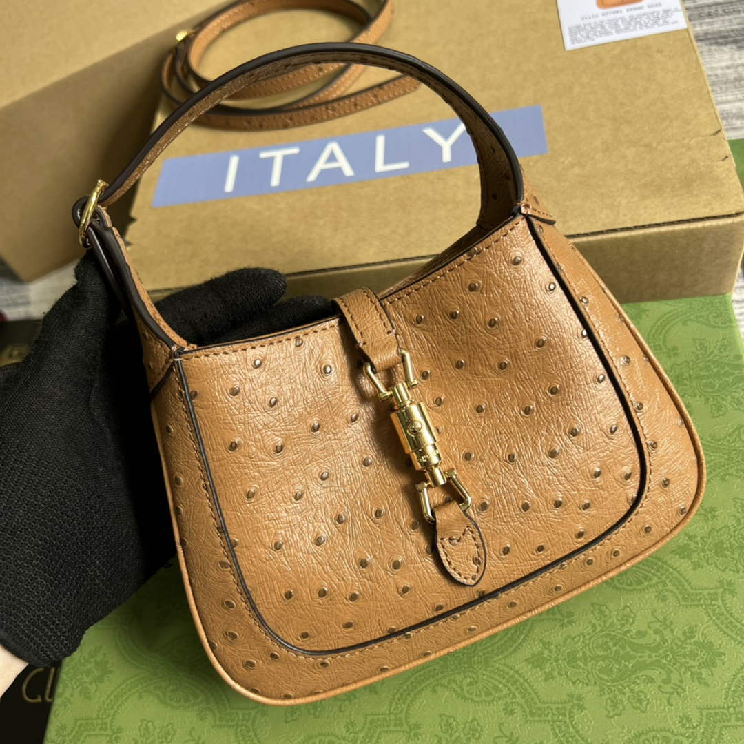 Gucci 637091 Jackie 1961 mini shoulder bag ostrich leather Light coffee