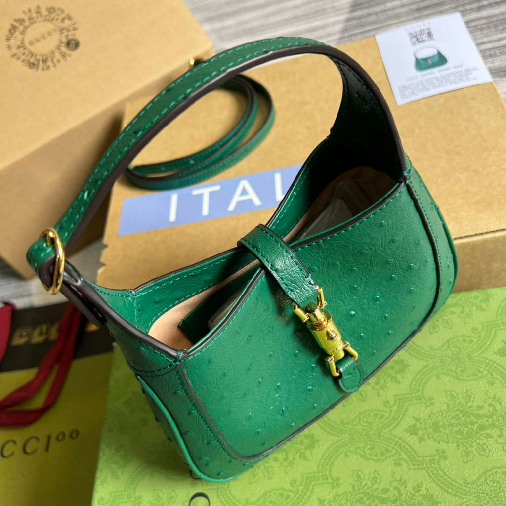 Gucci 637091 Jackie 1961 mini shoulder bag ostrich leather Green