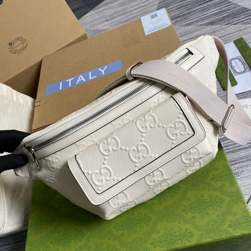 Gucci ‎645093 GG embossed belt bag White GG embossed leather