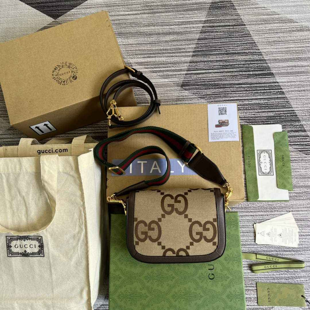 Gucci ‎658574 Horsebit 1955 jumbo GG mini bag Camel and ebony jumbo GG canvas